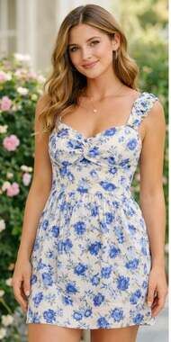 NWT Altar'd State Medium Cary White and Blue Floral Ruffle Mini Dress